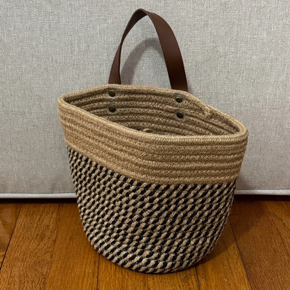 Woven Natural Fiber Coil Style Basket-Brown Faux Leather Hanging Loop-EUC